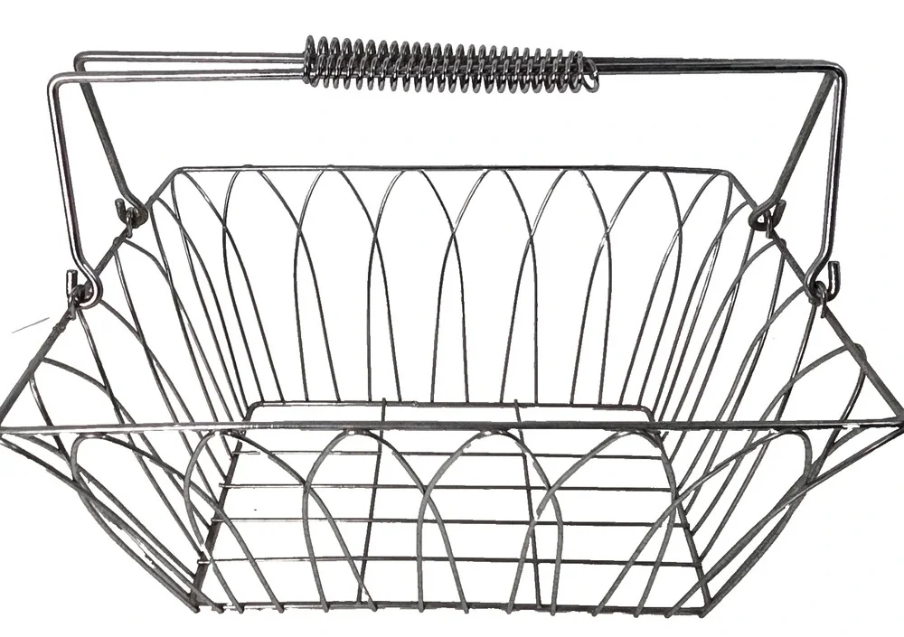Vintage Silver Metal Wire Market Basket Double Handles Farmhouse Storage
